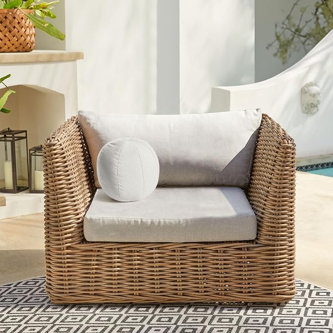 Sorra Home Boucle Outdoor Knife Edge Ball Single Pillow, 12 in W x 12 in H x 12 in D, Ivory