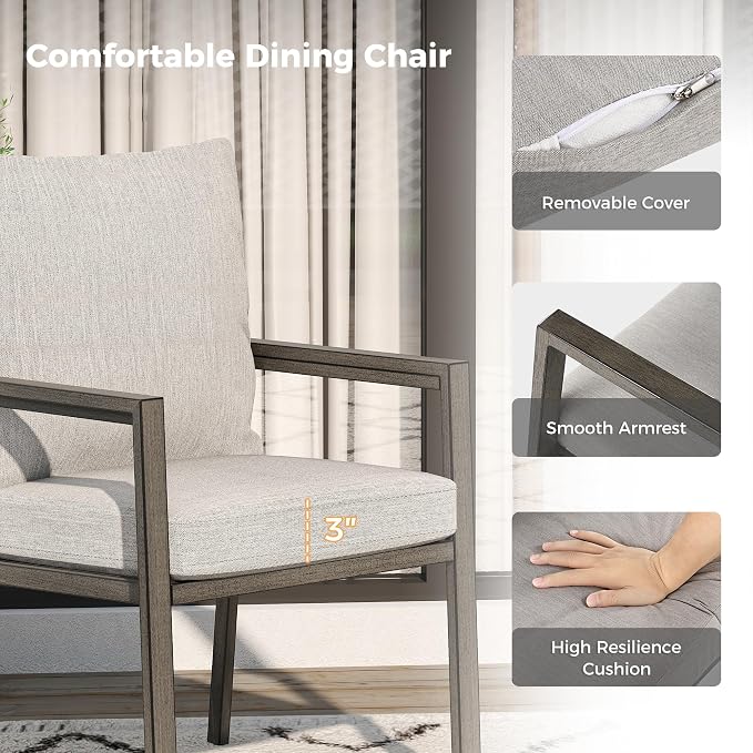 HAPPATIO Patio Dining Set for 6, 7-Piece Outdoor Aluminum Dining Furniture Set, 6 Cushioned Dining Chairs and Table for Deck Yard Poolside, Rust-Proof, Weather-Resistant, Easy Assembly