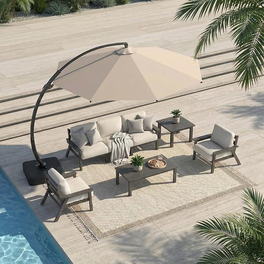 7 Piece Patio Conversation Sets, Outdoor Couch with Washable Thick Beige Cushions, HDPE Patio Furniture Set with 12FT Umbrella, Outdoor Sectional Furniture for Backyard (Grey Frame)
