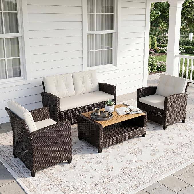 FansaFurn 4 Piece Outside Furniture, Wicker Patio Furniture Set, All Weather Outdoor Patio Sofa with Cushion and Acacia Wood Table, Outdoor Sofa for Backyard, Porch, Lawn, Patio, Deck, Garden, Beige