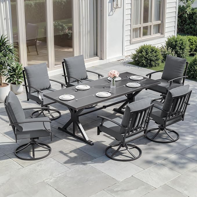 ALAULM 7-Piece Patio Dining Set,Outdoor Metal Dining Set with 6 Swivel Chairs & Rectangle Table with 1.5 Umbrella Hole, Patio Dining Table and Chairs for Backyard, Grey