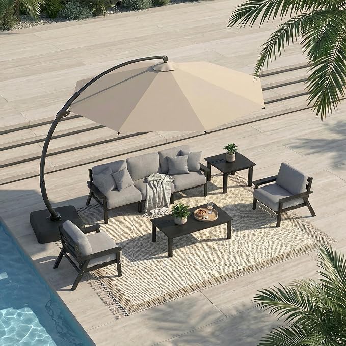 7 Piece Patio Conversation Sets, Outdoor Couch with Washable Thick Gray Cushions, HDPE Patio Furniture Set with 12FT Umbrella, Outdoor Sectional Furniture for Backyard (Black Frame)