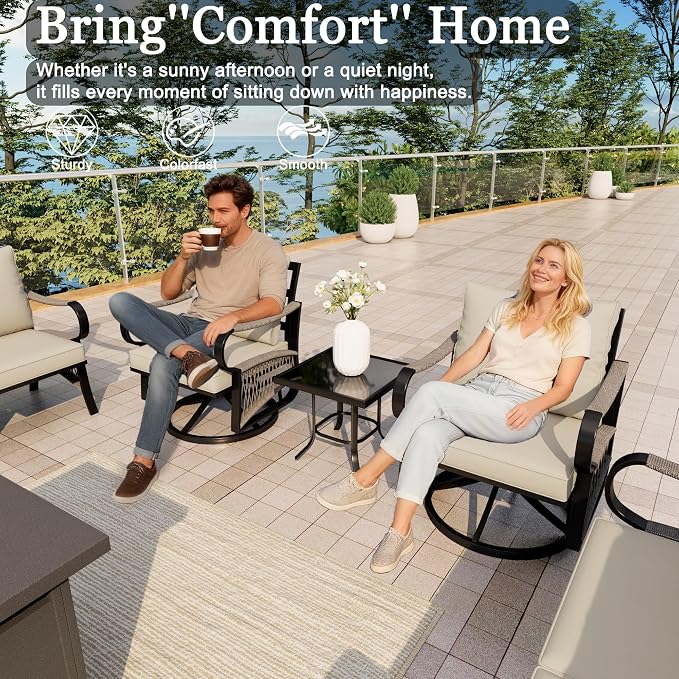 9-Piece Outdoor Furniture Set, Metal Swivel Rocking Chairs with All-Weather Cushions, Patio Conversation Set with Fire Pit Table for Deck, Porch, Garden, Backyard, Poolside (Beige Cushions)