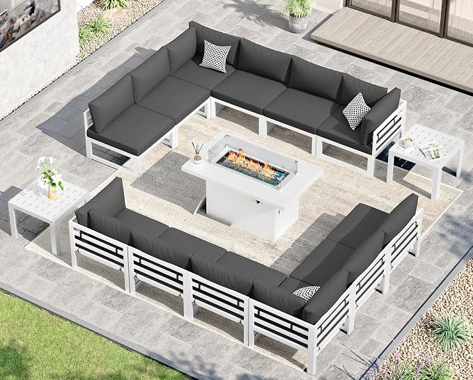 NICESOUL 15 Piece Oversized Aluminum Patio Furniture Set, L-Shaped Sectional Sofa with Fire Pit Table Propane/Gas, 500 lbs Heavy Duty Comfortable Poolside Conversation Set with Coffee Table, Dark Gray