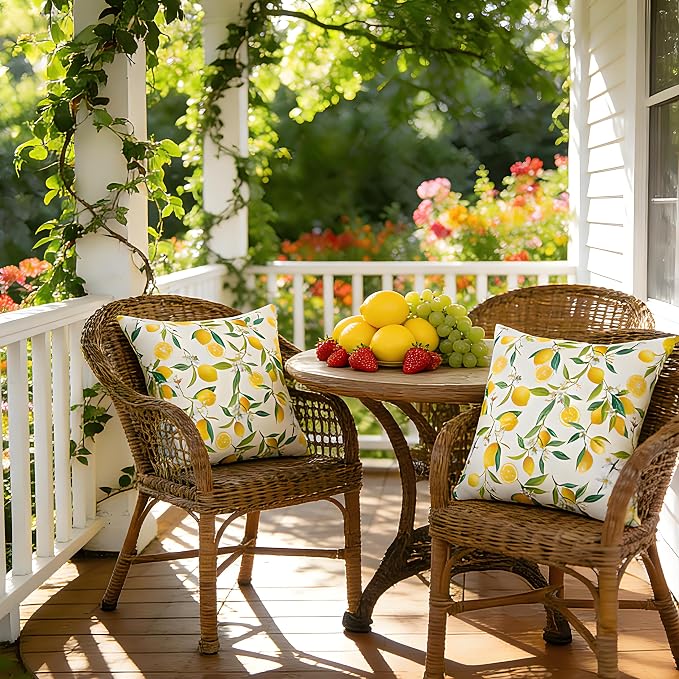 SquarePie Outdoor Pillow Covers 18x18 Inch Set of 2 - Waterproof Lemon Square Cushion Covers for Patio Garden Furniture, Summer Yellow Citrus Decorative Throw Pillow Cases for Couch Sofa Balcony Bench