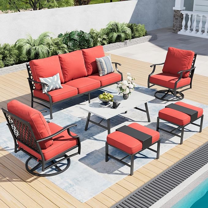 SUNSHINE VALLEY 6 Piece Metal Outdoor Patio Furniture Set, Patio Conversation Sets 1 3-Seater Sofa, 2 Swivel Chair, 2 Ottomans with 5.75" Thick Cushion and Coffee Table, Black Backyard Furniture, Red