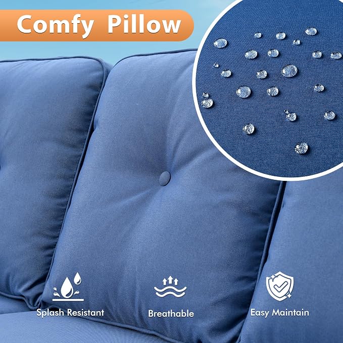 9 PCS Outdoor Patio Furniture Sets,Patio Conversation Sets Outside Rattan Soft Cushion Sofa with 2 Wicker Rocking Chairs & 54 in Fire Pit Table Fit Backyard Porch Garden Poolside Balcony,Navy Blue