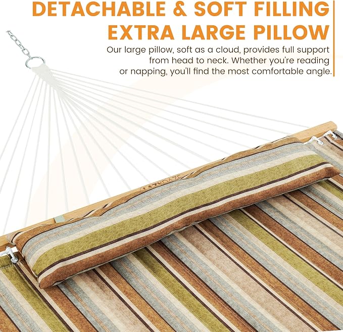 Lazy Daze Hammocks 12 FT Quilted Fabric Double Hammock with Spreader Bars and Detachable Pillow, 450lbs Weight Capacity, Brown Stripe