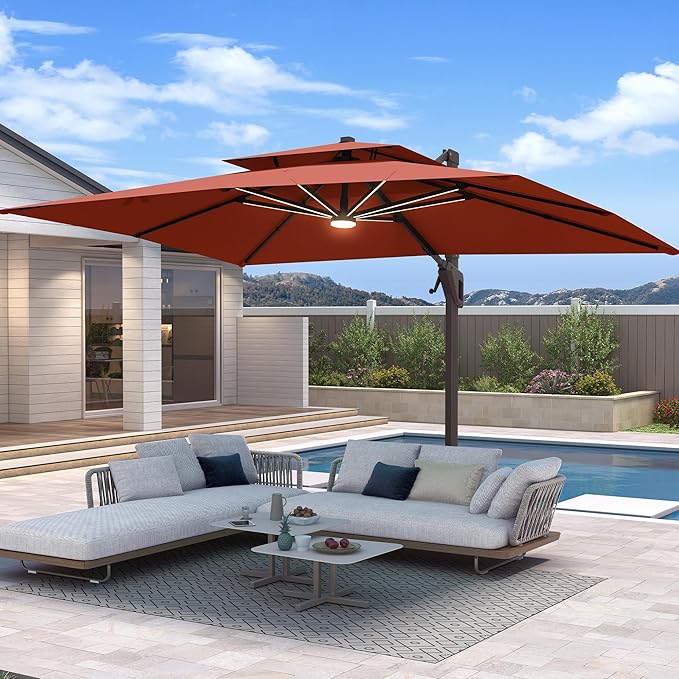 10 X 13 FT Cantilever Patio Umbrella with Base Included & Led Lights Outdoor Rectangle Offset Large Double Top Heavy Duty Umbrellas 360°Rotation for Pool Deck Backyard,Wine Red