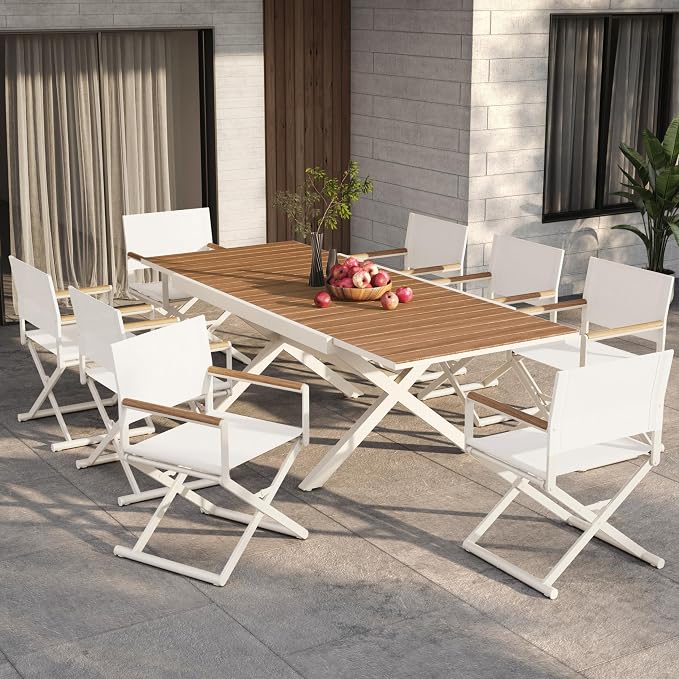 Grand patio 9-Piece Outdoor Dining Set, 8 Extra-Wide Folding Chairs & 1 Rectangle Expandable Table for 6-8 Person, Sling Mesh Patio Chairs with Wood Grain Table for Yard, Poolside, Deck, Apricot
