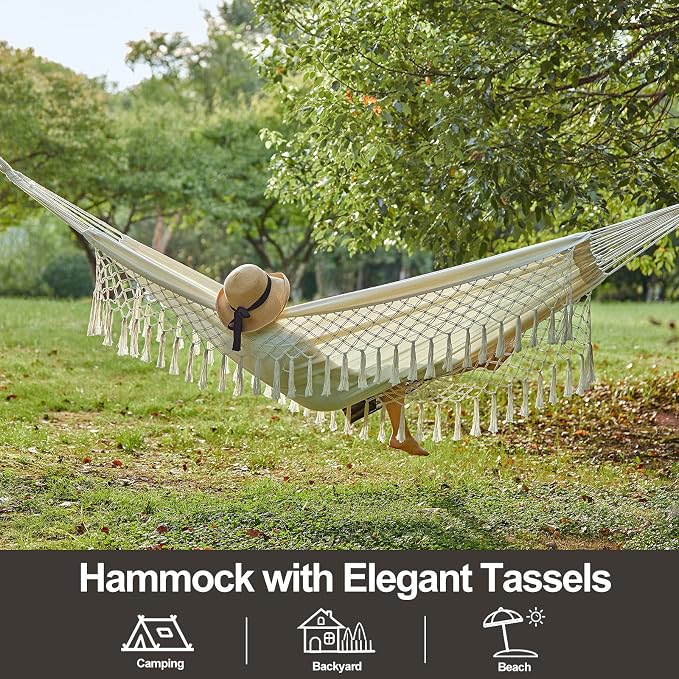 CHULIM Brazilian Double Hammock with Tree Straps,Extra Large 94x63IN,2 Persons Hammock for Backyard Patio Outdoor Indoor,450lbs Weight Capacity,Soft Woven Cotton Fabric - Natrual White with Tassels