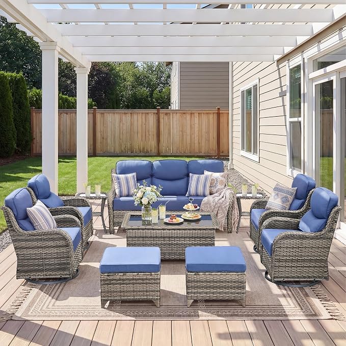 Luxury 10 Pieces Patio Furniture Set, Wicker Swivel Rocker Patio Chairs with 6" Thick Cushion, Outdoor Wicker Sofa with Coffee Table, All Weather Outdoor Conversation for Garden Porch(Grey/Blue)