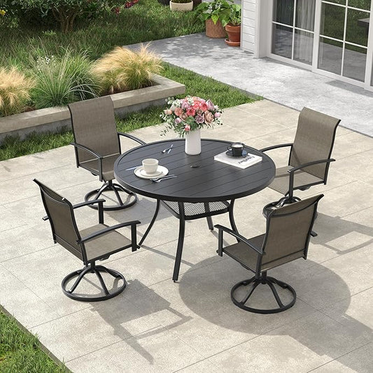 VICLLAX Outdoor Table and Chairs Set for 4, Patio Dining Set of 40.7" Metal Round Patio Table with Umbrella Hole & 4 Swivel Outdoor Dining Chairs for Backyard Lawn, Mixed Brown & Black