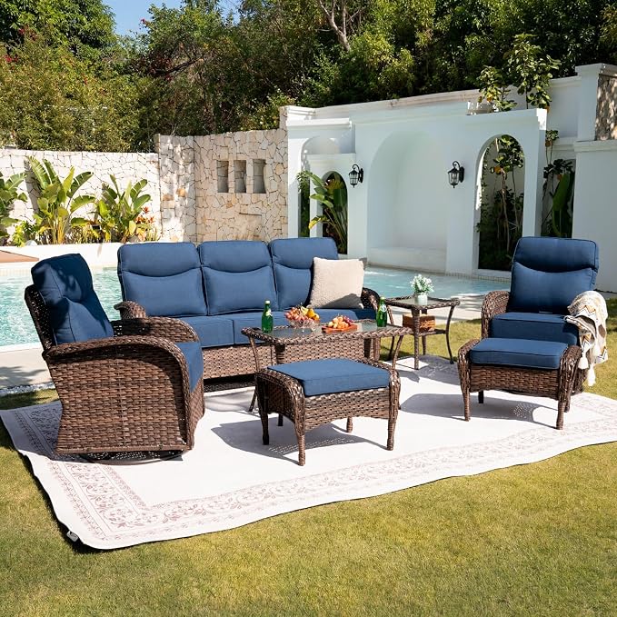 Belord Upgraded 6“ Cushion Luxury Patio Furniture Set - 7 Piece Wicker Furniture Set, Comfort Outdoor Couch and High Back Swivel Rocker Patio Chairs, Conversation Set for Deck Porch - Brown/Blue