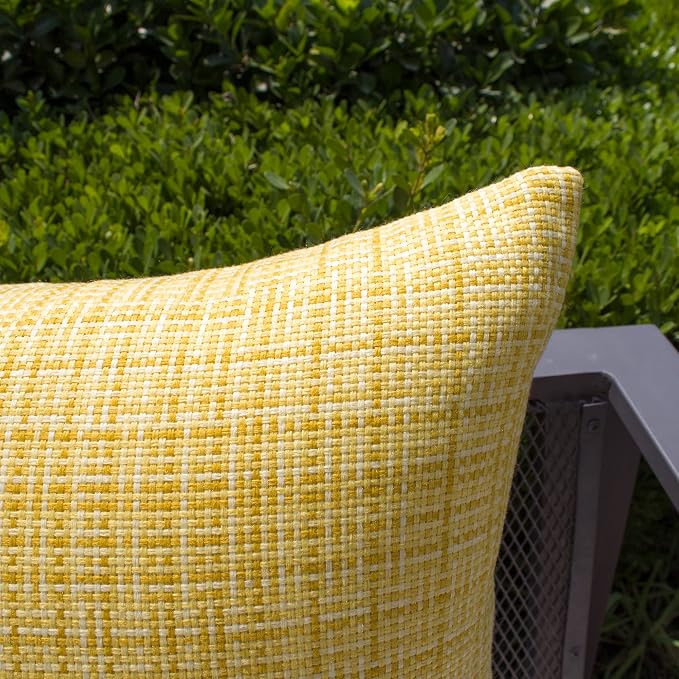 Kevin Textile Outdoor Waterproof 18x18 Inch Pillow Covers 2 Pack, Yellow | Water Resistant, Faux Linen Yarn-dyed, Woven Texture Throw Pillow Covers for Tent Patio Garden Couch Sofa