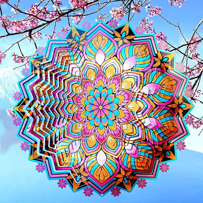 Goolyrusim Metal Wind Spinner - Mandala Lotus Wind Spinners, 12inch Kinetic 3D Hanging Wind Sculptures, Indoor/Outdoor Garden & Yard Art Decoration, Creative Gifts for Women Mom Grandma & Holidays