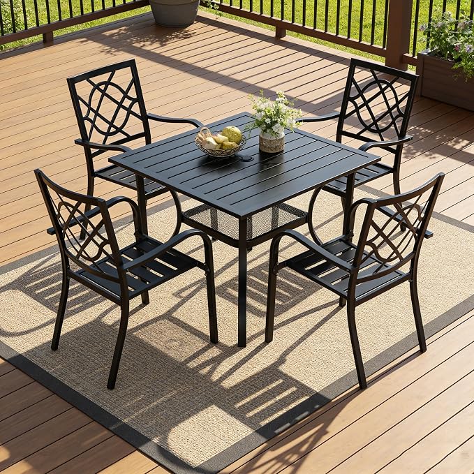 SUNCROWN 5-Piece Outdoor Wrought Iron Chairs and Table Patio Dining Furniture Set - 4 Stackable Metal Chairs, 1 Steel Slat Bistro Table for Garden Backyard Deck