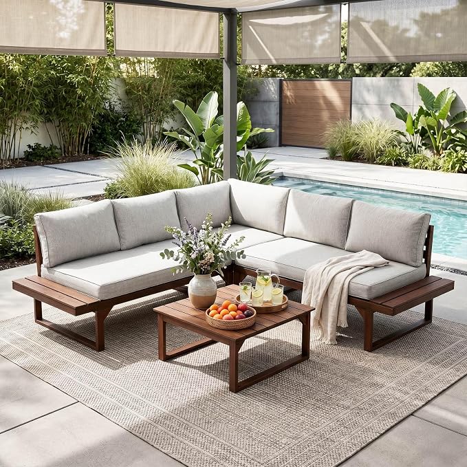 Outvita 4 Piece Wood Patio Furniture, L-Shaped Outdoor Sectional Sofa Set with Coffee Table, Conversation Set with Built-in Side Table, Coffee Table and Gray Cushions for Garden