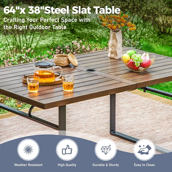 SUNSHINE VALLEY 7 Piece Patio Dining Set for 6, 64x38 Wood-Like Metal Table with Umbrella Hole and 6 Pcs Rust-Proof Stackable Chairs, Outdoor Table and Chairs Set for Backyard Garden Deck (Style 1) | 64x38 Table&6 Pcs Rust-Proof Stackable Chairs, Outdo...