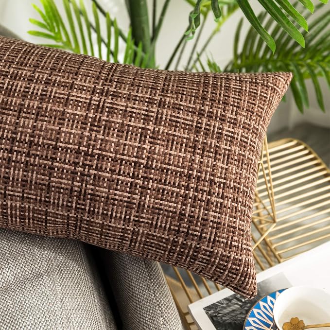 Kevin Textile Outdoor Waterproof 12"x24" Lumbar Pillow Covers 2 Pack, Brown | Water Resistant, Faux Linen Yarn-dyed, Woven Texture Throw Pillow Covers for Tent Patio Garden Couch Sofa