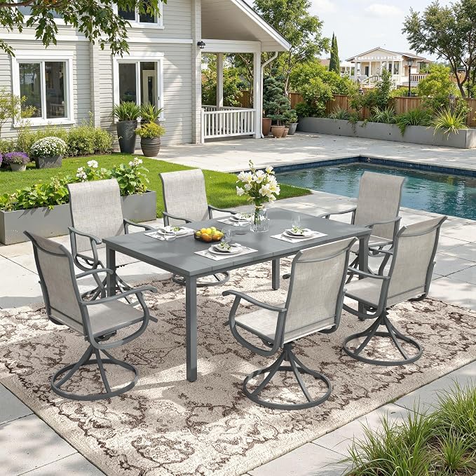 DIFY Outdoor Dining Set for 6, 7 Piece Patio Table and Chairs Set, Swivel Patio Chairs with Textilene Fabric & 63" Rectangle Metal Dining Table with Umbrella Hole, for Garden Backyard Deck, Grey