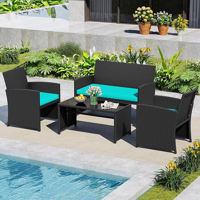 HAPPYGRILL 4 Piece Rattan Wicker Patio Conversation Set, Outdoor Furniture with Chair Loveseat Table & Cushion, for Backyard Porch Balcony (1, Black & Turquoise)