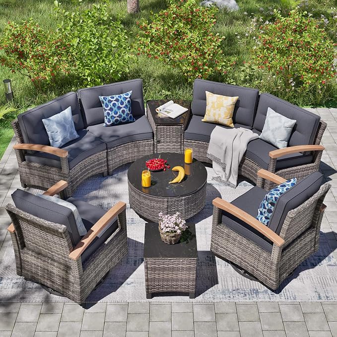 MEISSALIVVE 9 Piece Outdoor Patio Furniture Set, Half-Moon Curved Sectional Set with Wood Armrests, Patio Conversation Set for Porch,Deck,Balcony (Grey)