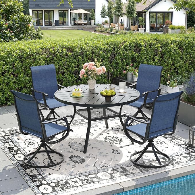 DIFY Patio Table and Chairs Set for 4, 5 Piece Outdoor Dining Set, 40.6" Black Round Metal Dining Table with Umbrella Hole and 4 Blue Textilene Swivel Patio Chairs, for Garden Backyard Deck