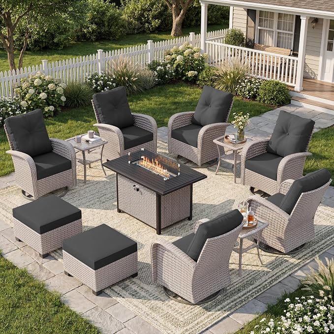 12-Piece Patio Furniture Set, Outdoor Swivel Rocking Chairs Set with 55,000 BTU Fire Pit Table,All Weather Conversation Set for Porch Poolside Balcony
