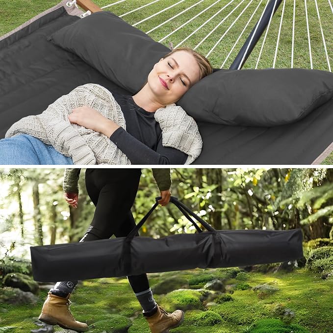 SUNCREAT Double Hammock with Stand Included, Outdoor Hammock with Large Pillow, 450 lbs Capacity, Hammock Storage Bag