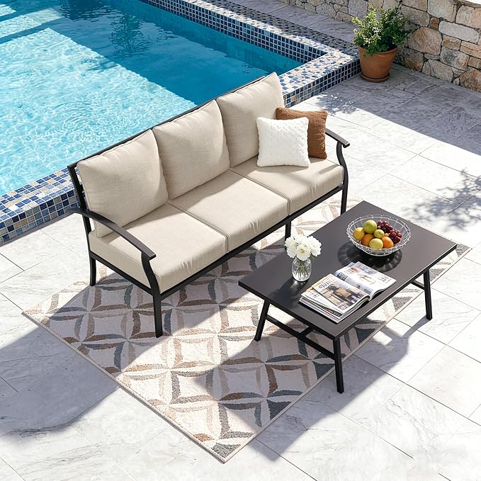 Kullavik Patio Furniture Set,2 Piece Metal Outdoor Patio Furniture Set,All Weather Modern Patio Conversation Sets w/3 Seater Sofa and Coffee Table for Balcony Deck,Sand