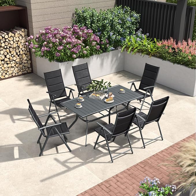 PURPLE LEAF Outdoor Dining Set for 6 Folding Patio Dining Set with Aluminum Rectangular Table and Padded Chairs All Weather Dining Table Sets for Garden Backyard Poolside, Black