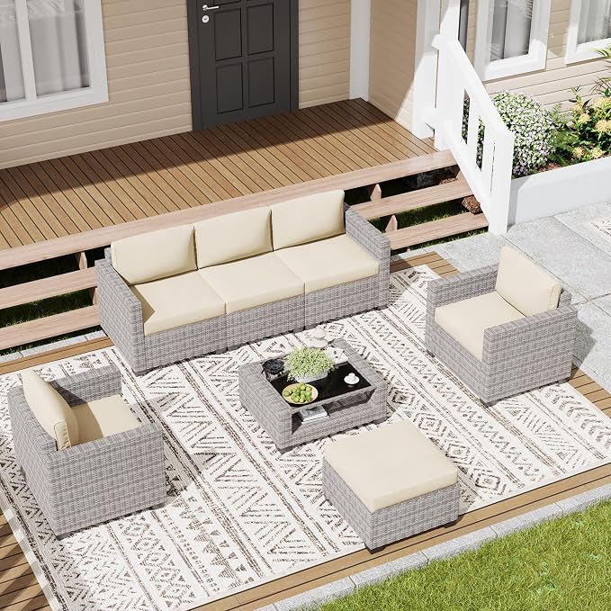 LOUVIXA 7 Piece Outdoor Patio Furniture Set, Rattan Chairs Glass Table Wicker Conversation Seating Sectional Sofa with Cushions (Grey White-Beige, 7Pcs-2 Layer Coffee Table)