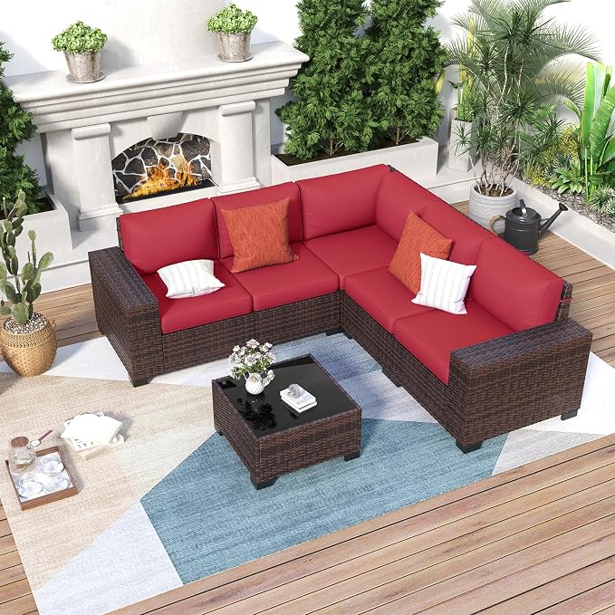 Outdoor Patio Furniture Set, 8'' Wide armrest Outdoor Sectional Rattan Sofa Set, Wicker Patio Furniture Sets w/Coffee Table,Thick Cushions and Cover for Porch, Balcony,Deck 6 PCS(Brown&Wine)