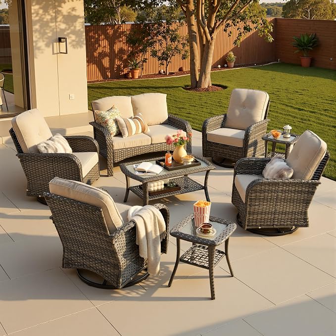 8-Piece Patio Furniture Set, Outdoor Wicker Furniture with Coffee Table, High Back Swivel Rocker Patio Chairs, Modern Rattan Outdoor Chairs Conversation Set for Porch, Balcony, Garden, Beige