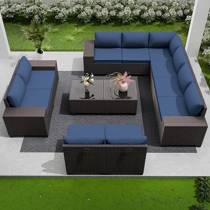12 PCS Outdoor Patio Furniture Set,Outdoor Sectional Furniture All Weather PE Rattan Wicker Patio Conversation Set with 2 Coffee Tables and 10 Thickened Cushions,Navy Blue