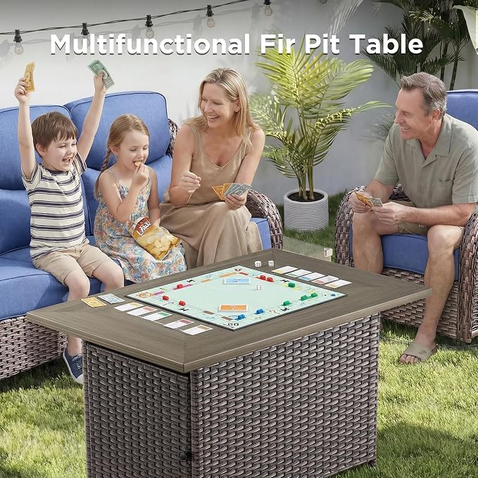 Luxury Patio Furniture Set with Fire Pit Table-8 Pieces All Weather Outdoor Swivel Rocker Chairs with Sofa and Ottomans. Outdoors Patio Conversation Sets for Porch Deck Garden(Brown/Blue)