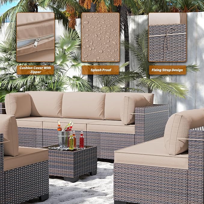 14 Pieces Outdoor Patio Furniture Set,Outdoor Sectional Furniture All Weather PE Rattan Wicker Patio Conversation Set with 2 Coffee Tables and 12 Thickened Cushions,Sand