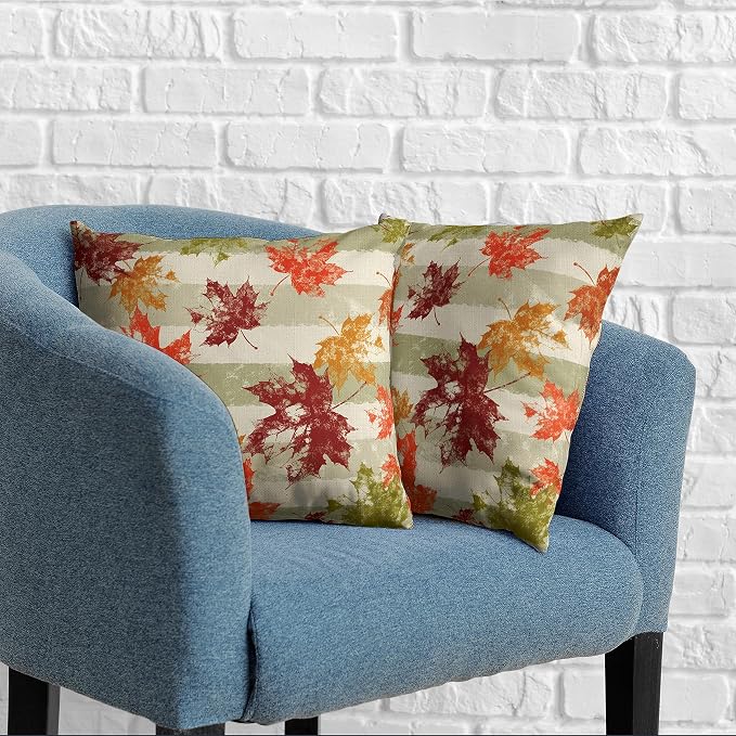 Thanksgiving Fall Pillow Covers 18x18 Set of 2 Red Maple Leaves Throw Pillow Covers Green Grey White Stripes Outdoor Pillow Covers Colorful Autumn Pillowcase for Patio Home Decor Couch