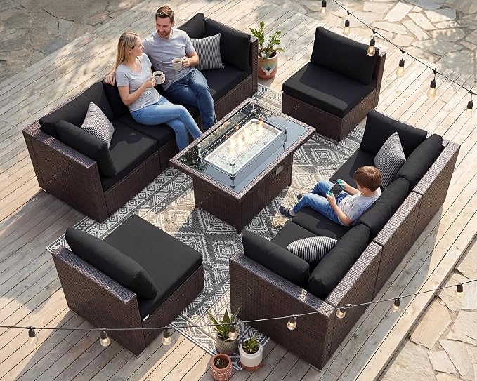 BULEXYARD 9 Pcs High Back Outdoor Sectional Set with Firepit Table, High-End Patio Furniture Seating Set, Big Oversized Wide Deep Modular 8-Seater Couch Sofa for Backyard, Brown Wicker & Black Cushion
