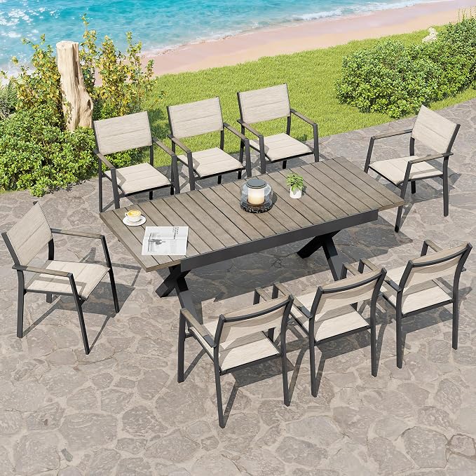 Outdoor Dining Set, 9 Piece Expandable Patio Dining Table and Textilene Chairs Set, Aluminum Patio Furniture Set for Table with Umbrella Hole and 8 Chairs for Patio, Garden, Lawn, Deck(Grey)