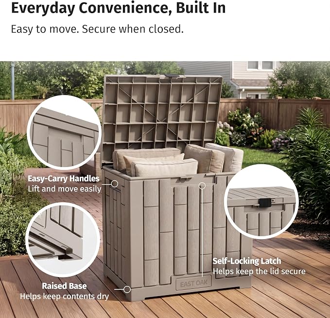 EAST OAK Outdoor Storage Box, 31 Gallon Deck Box, Waterproof Resin Storage Bin for Patio Cushions, Gardening Tools, Accessories, Lockable, UV Resistant, Brown