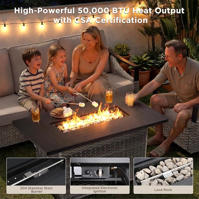 Patio Furniture Set with 42.5" Fire Pit Table-7 Pieces All Weather Wicker Outdoor Furniture with High Back Swivel Patio Chairs Set of 2 Outdoor Patio Conversation for Deck Garden Beige/Gray