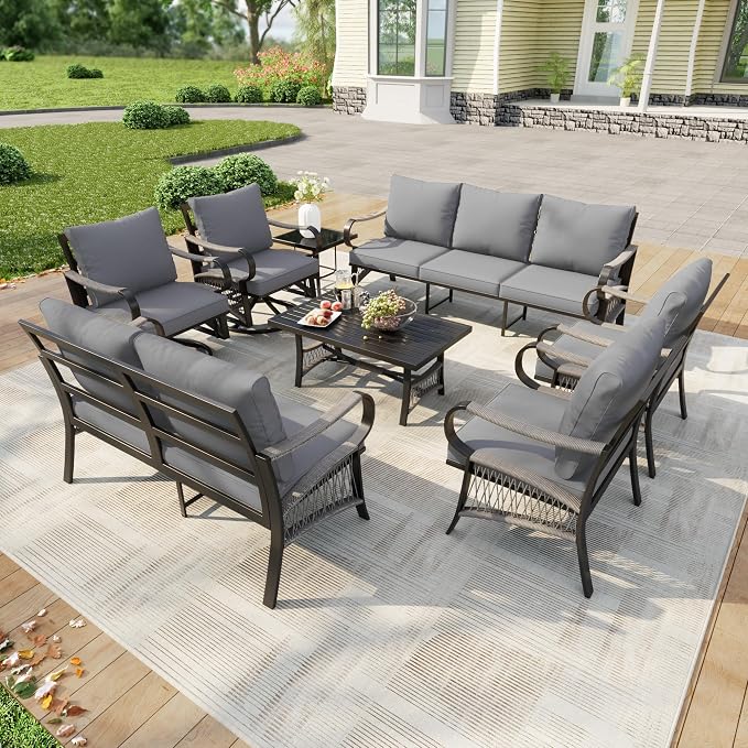 8 Pieces Patio Conversation Sets, All Weather Metal Outdoor Furniture Set Includes 3-Seater 2 Swivel Rockers with Side Table and Loveseat with Coffee Table 2 Single Chairs for Backyard Poolside, Gray