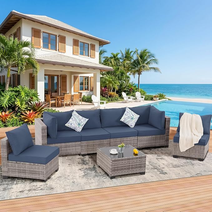 7 Pieces Outdoor Patio Furniture Set, All-Weather Sectional Sofa | Grey Wicker Conversation Set with Glass Table and Blue Cushions | PE Rattan Weaving | Ideal for Patio, Pool, Balcony