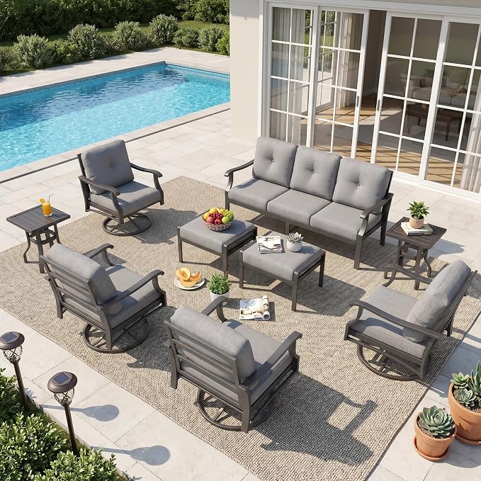 9 Piece Patio Conversation Set, Outdoor Metal Furniture Set w/Rocking Swivel Chairs, 3-Seat Sofa, Ottomans and Coffee Side Table, 5" Thickened Cushions for Backyard, Poolside, Gray