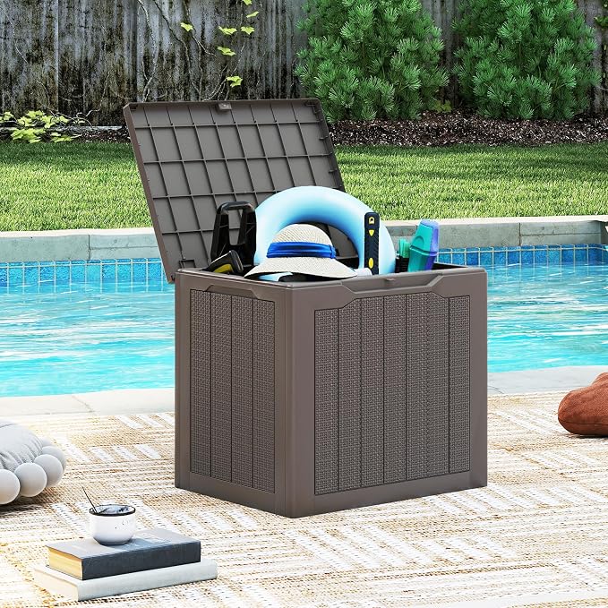 Giantex 25 Gallon Outdoor Storage Box, Patio Deck Box with Lockable Lid, Wicker-woven Texture, Waterproof Storage Bench for Pool Accessories, Garden Tools, Package Delivery, Patio Furniture (Brown)