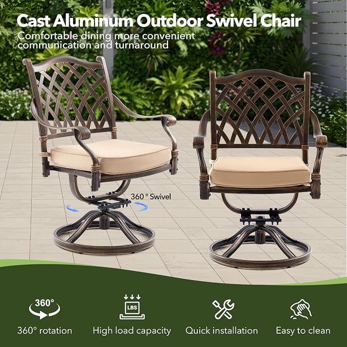 7-Piece Cast Aluminum Outdoor Table and Chairs, Classic Vintage Patio Dining Set for 6 Include 54.5" Round Dining Table and 6 Swivel Chairs with Removable Cushion and Umbrella Hole