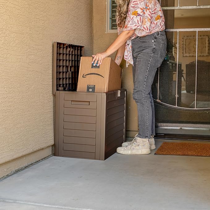IRIS USA 35-Gallon Outdoor Deck Storage Box, Lockable & UV-Protected, Weather-Resistant Patio Storage for Cushions, Garden Tools & Packages, Waterproof Resin, Durable & Stylish Design - Brown