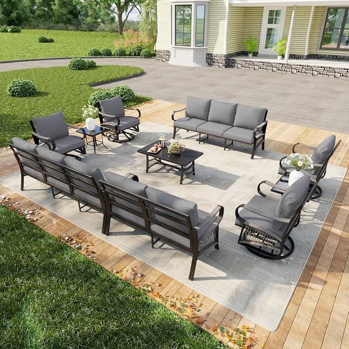 10 Pieces Patio Furniture Set, Metal Outdoor Conversation Sets with Swivel Chairs, Modern Couch Sofa Seating Group with Coffee Table and Side Table (Thick Gray Cushions)